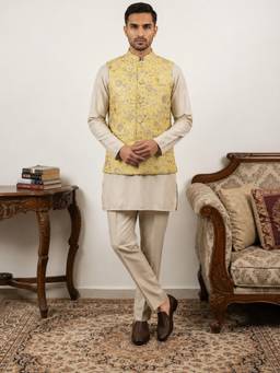 Jompers - Beige Men's Floral Jacquard Silk Blend Kurta with Pyjama and Nehru Jacket