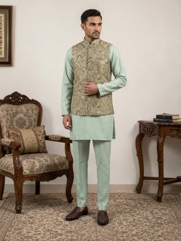 Jompers - Green Men's Floral Jacquard Silk Blend Kurta with Pyjama and Nehru Jacket