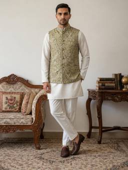 Jompers - White Men's Floral Jacquard Silk Blend Kurta with Pyjama and Nehru Jacket