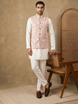 Jompers - White Men's Floral Woven Silk Blend Kurta with Pyjama and Nehru Jacket