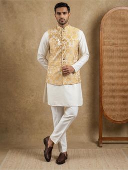 Jompers - Men's White Floral Woven Silk Blend Kurta with Pyjama and Nehru Jacket