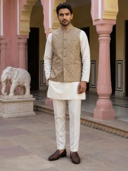 Jompers - White Men's Woven Design Silk Blend Kurta with Pyjama and Nehru Jacket