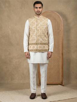 Jompers - White Mens Silk Blend Floral Kurta with Pyjama and Nehru Jacket