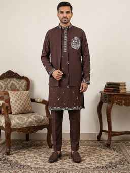 Jompers - Brown Japanese Fabric Floral Embroidered Kurta with Pyjama and Nehru Jacket