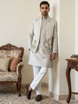 Jompers - Cream Ethnic Embroidered Kurta with Pyjama and Nehru Jacket