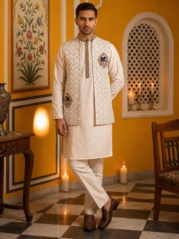 Jompers - Beige Ethnic Embroidered Kurta with Pyjama and Nehru Jacket