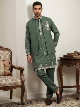 Jompers - Olive Japanese Fabric Floral Embroidered Kurta with Pyjama and Nehru Jacket