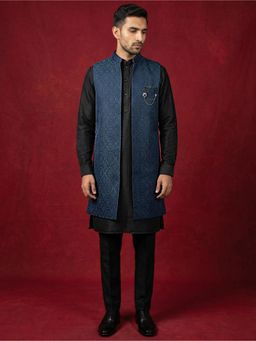 Jompers - Jacquard Black Woven Silk Blend Kurta with Pyjama and Nehru Jacket