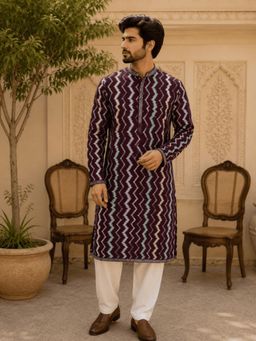 MULTI SHADES - Royal Maroon Zigzag Printed Men's Kurta with Salwar