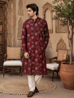MULTI SHADES - Regal Maroon Printed Men's Ethnic Kurta with Salwar