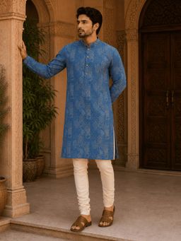 MULTI SHADES - Royal Blue Printed Men's Ethnic Kurta with Churidar