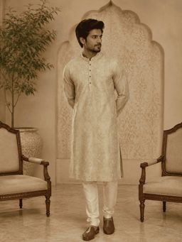 MULTI SHADES - Elegant Pastel Gold Self-Textured Men's Kurta with Churidar