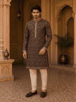 MULTI SHADES - Royal Wine Embroidered Men's Kurta with Churidar