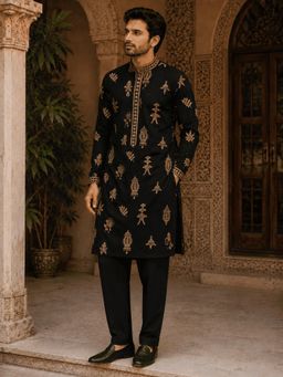 MULTI SHADES - Midnight Black Gold Motif Embroidered Kurta with Pant