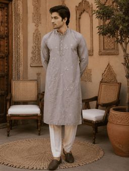 MULTI SHADES - Dusty Grey Pastel Embroidered Men's Kurta with Pant