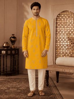 MULTI SHADES - Men's Mustard Yellow Woven Ethnic Kurta with Pant