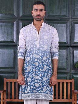 MANQ - Blue Mens Ethnic Motif Sequinned Embroidered Ombre Refined Kurta