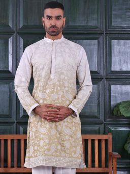 MANQ - Yellow Mens Ethnic Motif Sequinned Embroidered Ombre Traditional Kurta