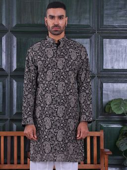 MANQ - Men's Black Ethnic Motif Sequinned Embroidered Refined Kurta