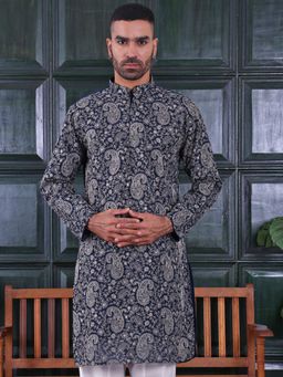 MANQ - Blue Mens Ethnic Motif Sequinned Embroidered Traditional Kurta