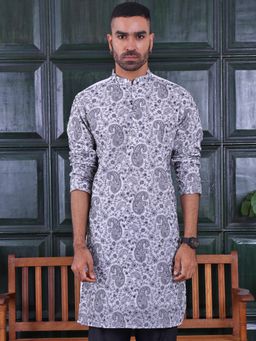 MANQ - Mens White Ethnic Motif Sequinned Embroidered Stylish Kurta