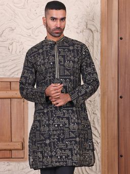 MANQ - Black Mens Ethnic Motif Sequinned Embroidered Contemporary Kurta