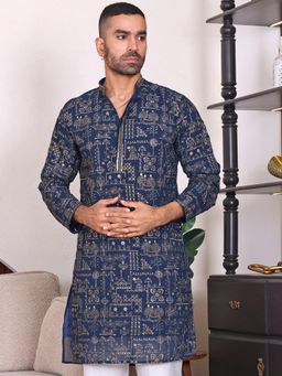 MANQ - Blue Mens Ethnic Motif Sequinned Embroidered Smart Kurta