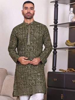 MANQ - Green Mens Ethnic Motif Sequinned Embroidered Festive Kurta