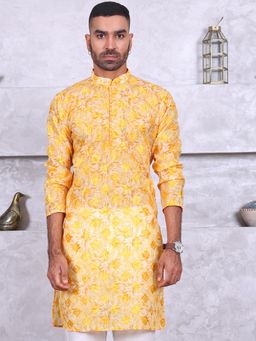 MANQ - Mens Yellow Ethnic Motif Printed Smart Kurta