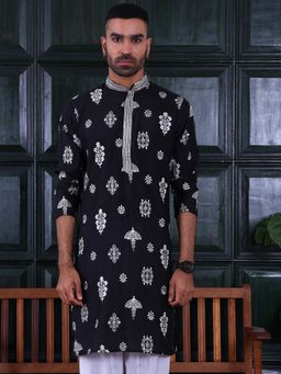 MANQ - Black Mens Ethnic Motif Sequinned Embroidered Smart Kurta
