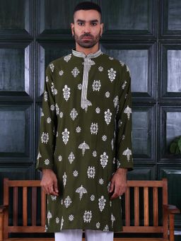 MANQ - Green Mens Ethnic Motif Sequinned Embroidered Contemporary Kurta