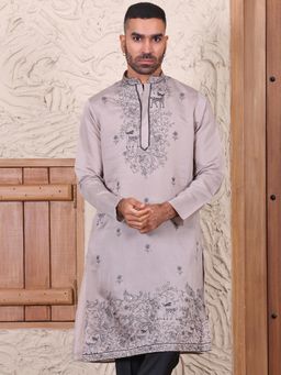 MANQ - Taupe Mens Ethnic Motif Sequinned Embroidered Premium Kurta