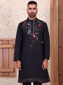 MANQ - Black Mens Ethnic Motif Sequinned Embroidered Festive Kurta