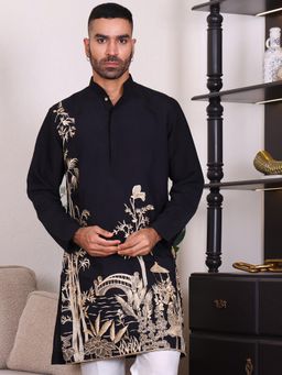 MANQ - Black Mens Ethnic Embroidered Contemporary Kurta