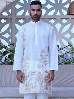 MANQ - White Mens Ethnic Embroidered Timeless Kurta