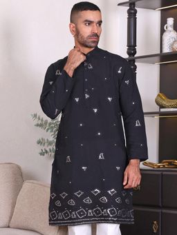 MANQ - Black Mens Ethnic Motif Sequinned Embroidered Elegant Kurta