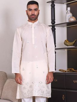 MANQ - Cream Mens Ethnic Motif Sequinned Embroidered Stylish Kurta