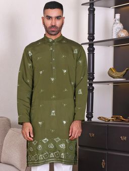 MANQ - Green Mens Ethnic Motif Sequinned Embroidered Classic Kurta