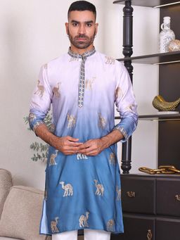 MANQ - Blue Mens Ethnic Motif Sequinned Embroidered Ombre Classic Kurta