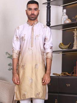 MANQ - Yellow Mens Ethnic Motif Sequinned Embroidered Ombre Premium Kurta