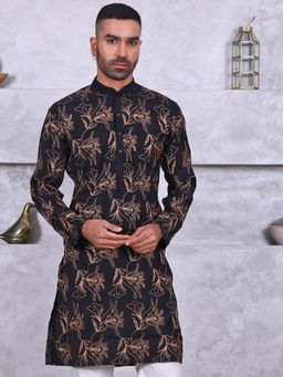 MANQ - Black Mens Ethnic Motif Embroidered Elegant Kurta