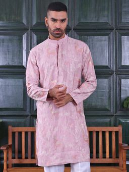 MANQ - Pink Mens Ethnic Motif Sequinned Embroidered Elegant Kurta