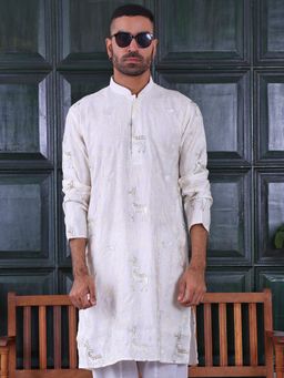 MANQ - White Mens Ethnic Motif Sequinned Embroidered Premium Kurta