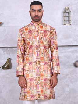 MANQ - Yellow Mens Ethnic Printed Timeless Kurta