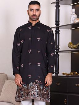 MANQ - Mens Black Ethnic Motif Sequinned Embroidered Traditional Kurta