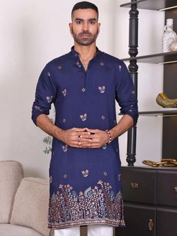 MANQ - Blue Mens Ethnic Motif Sequinned Embroidered Refined Kurta