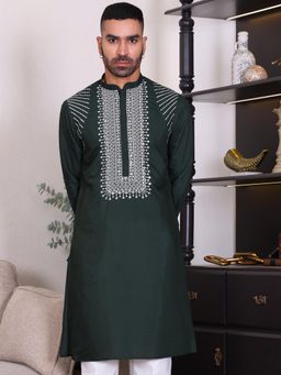 MANQ - Green Mens Ethnic Sequinned Embroidered Classic Kurta