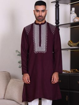 MANQ - Burgundy Mens Ethnic Sequinned Embroidered Premium Kurta