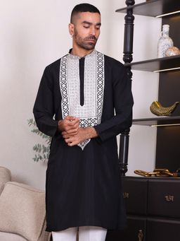 MANQ - Black Mens Ethnic Sequinned Embroidered Elegant Kurta