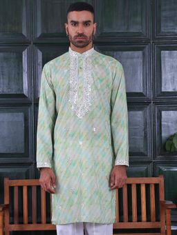 MANQ - Green Mens Ethnic Motif Sequinned Embroidered Print Refined Kurta